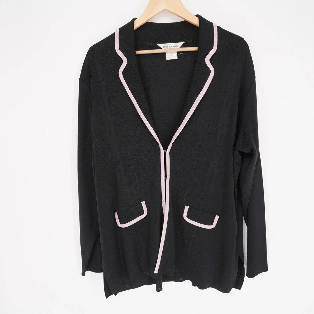 Misook Knit Cardigan Jacket Womens 1X Black Pink Trim Classic Corporate Career